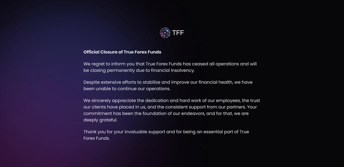 True Forex Funds 因财务 insolvency 永久关闭，成 MetaQuotes 打击自营交易公司首批受害者