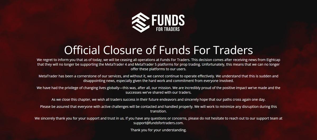 Eightcap 停止向自营交易公司提供 MT4/MT5,Funds for Traders 宣布关闭