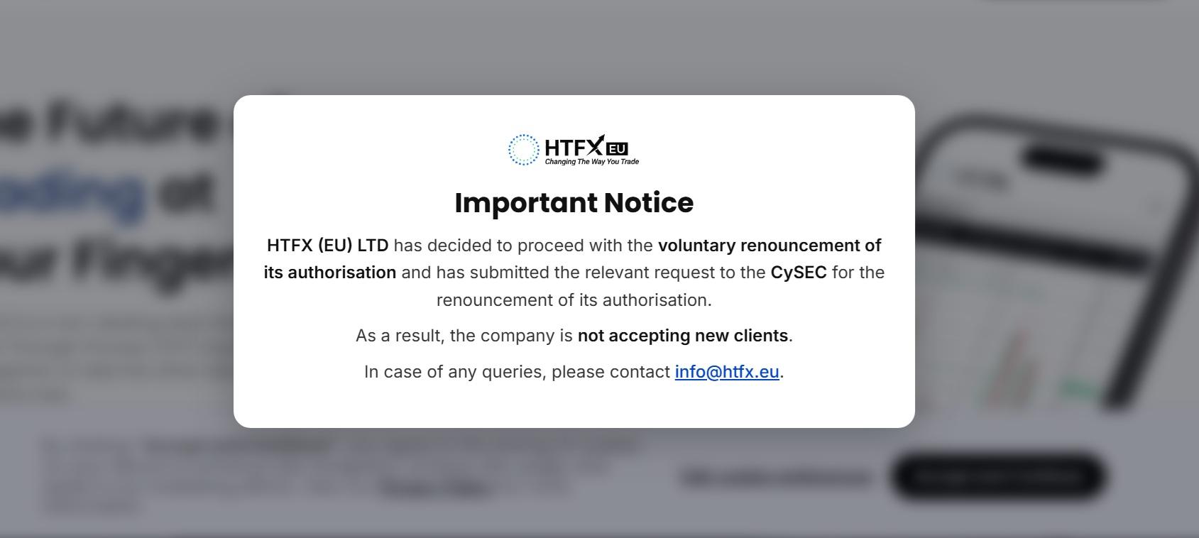 HTFX 主动放弃 CySEC 牌照，停止接受新客户